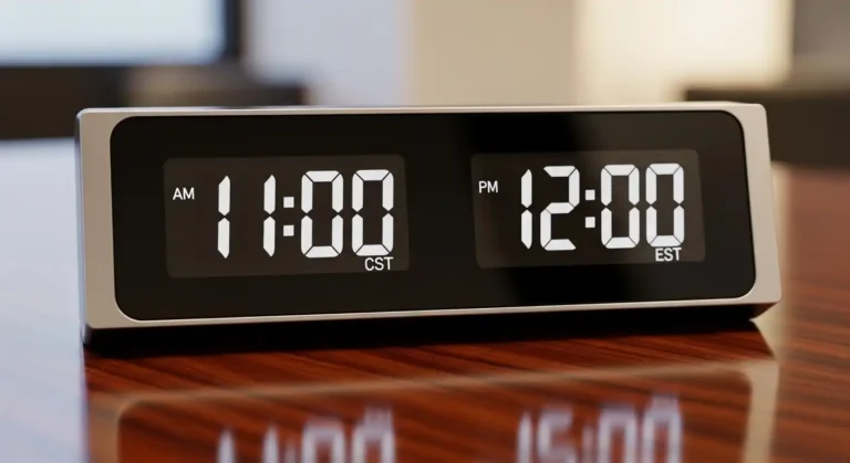 Digital clock showing 11:00 AM Central Standard Time and 12:00 PM Eastern Standard Time.