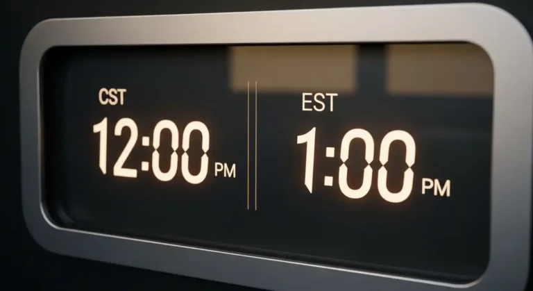 Digital clock showing 12 PM CST and 1 PM EST side by side.