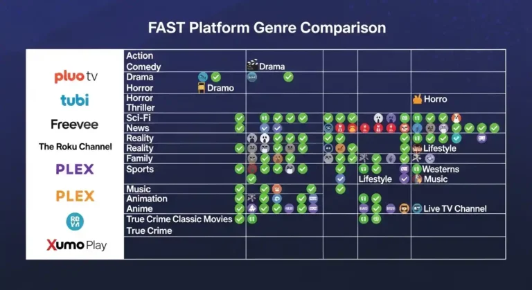 Comparison chart showing the different genres available on major free ad-supported streaming platforms.