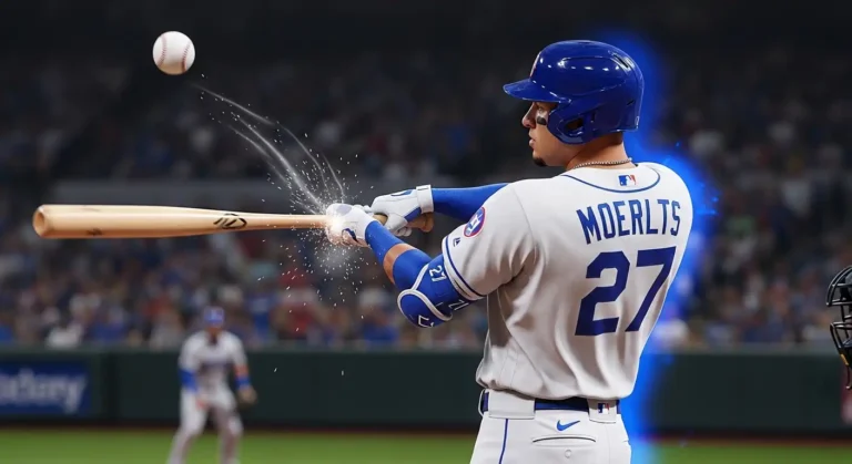 Close-up of a digital baseball player hitting a home run.