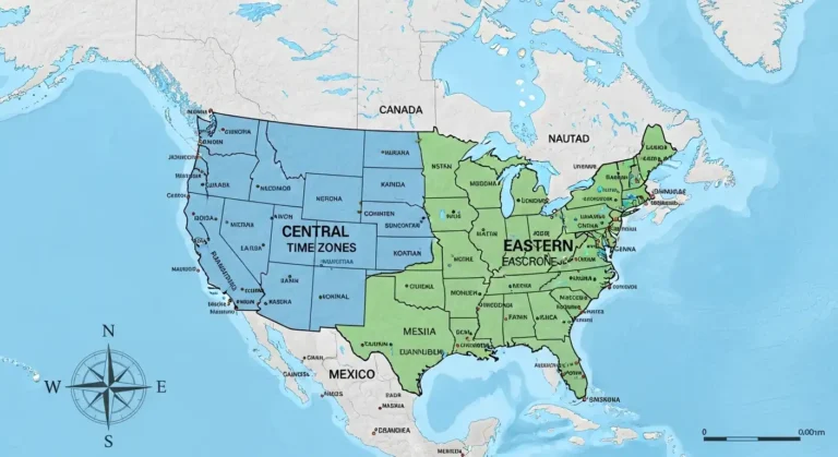 Map of North America highlighting Central and Eastern time zone boundaries.