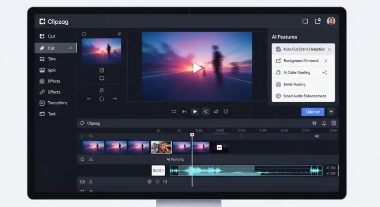 Clipzag platform dashboard showing video editing tools and AI features