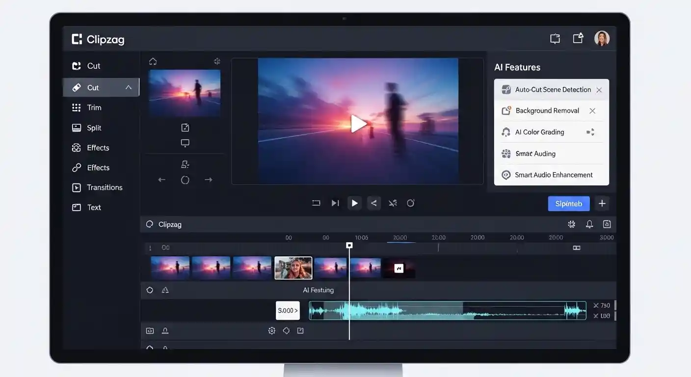 Clipzag platform dashboard showing video editing tools and AI features