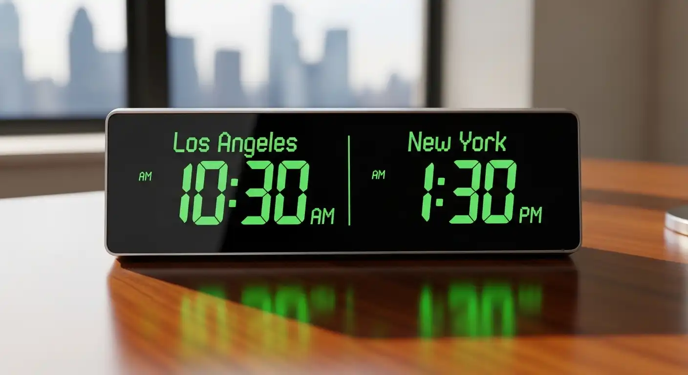 Digital clock showing 3-hour difference between Los Angeles and New York