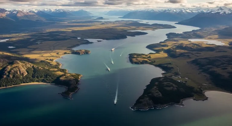 Aerial view of the Strait of Magellan winding through Patagonian landscape