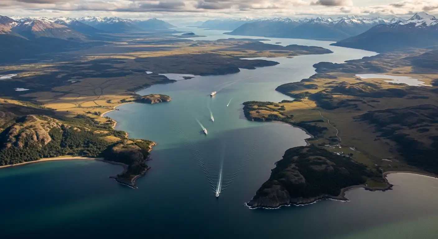Aerial view of the Strait of Magellan winding through Patagonian landscape