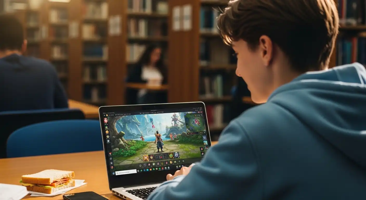A student playing a browser-based game on a laptop during a break.