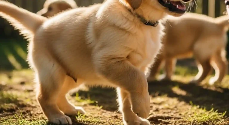 Golden retriever puppy playing outdoors during valplekar socialization session