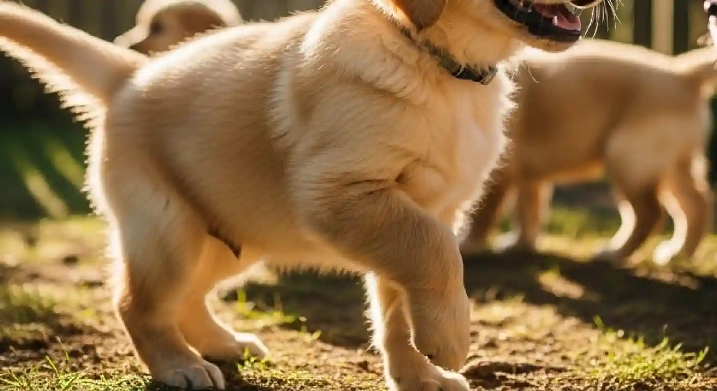 Golden retriever puppy playing outdoors during valplekar socialization session